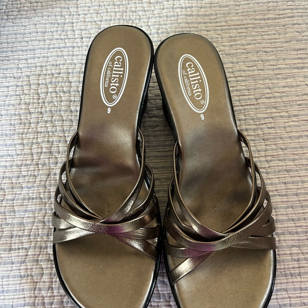 Callisto Bronze Metallic Multi-Strap Slide Mules